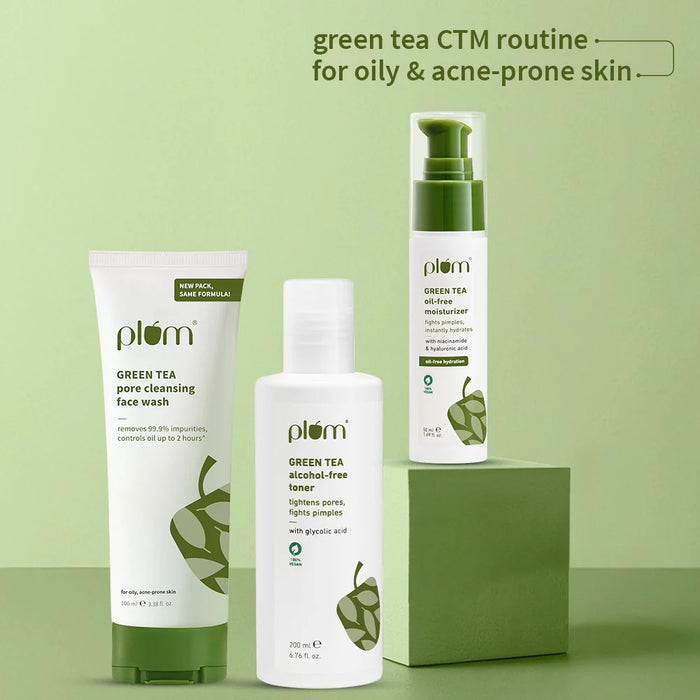 Plum Green Tea CTM routine for Oily, Acne-prone Skin with Green Tea Face Wash, Green Tea Toner and Green Tea Moisturizer