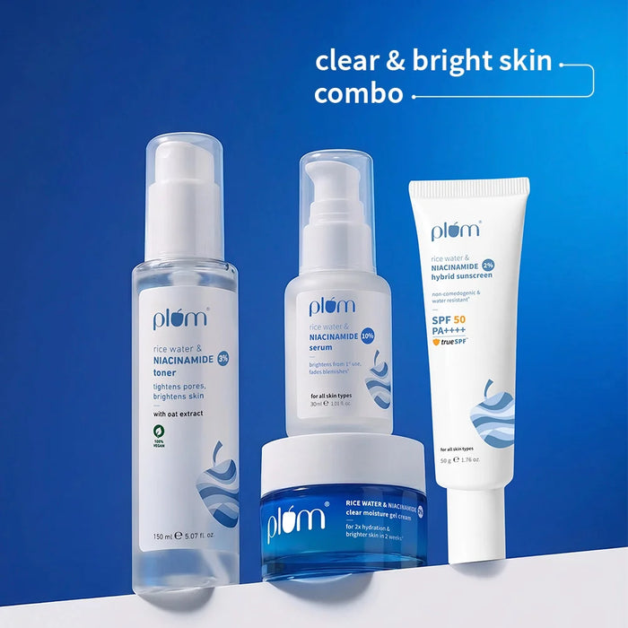 Niacinamide Clear & Bright Skin Combo | With Niacinamide & Rice Water | Toner, Serum, Gel Moisturizer & SPF 50 PA+++ Sunscreen