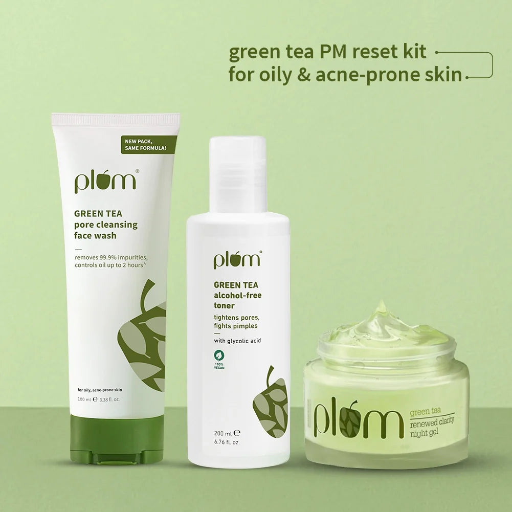 Plum Green Tea PM Reset Kit for Oily, Acne-prone Skin with Green Tea Face Wash, Green Tea Toner, and Green Tea Night Gel