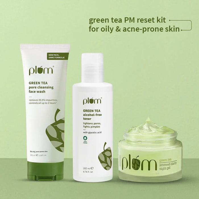 Plum Green Tea PM Reset Kit for Oily, Acne-prone Skin with Green Tea Face Wash, Green Tea Toner, and Green Tea Night Gel