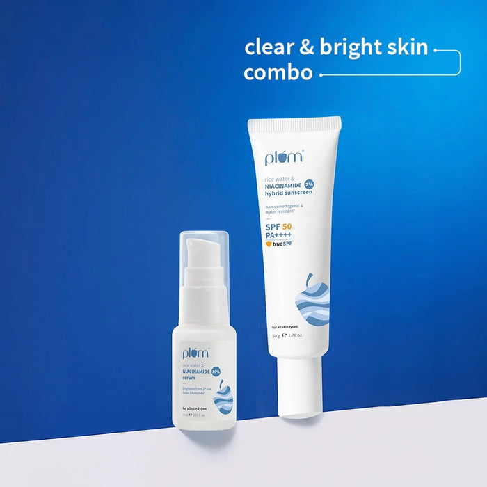 Niacinamide Bright Protection duo | 10% Niacinamide & Rice Water Face Serum 15ml, 2% Niacinamide & Rice Water SPF 50 PA+++ Sunscreen 50g new