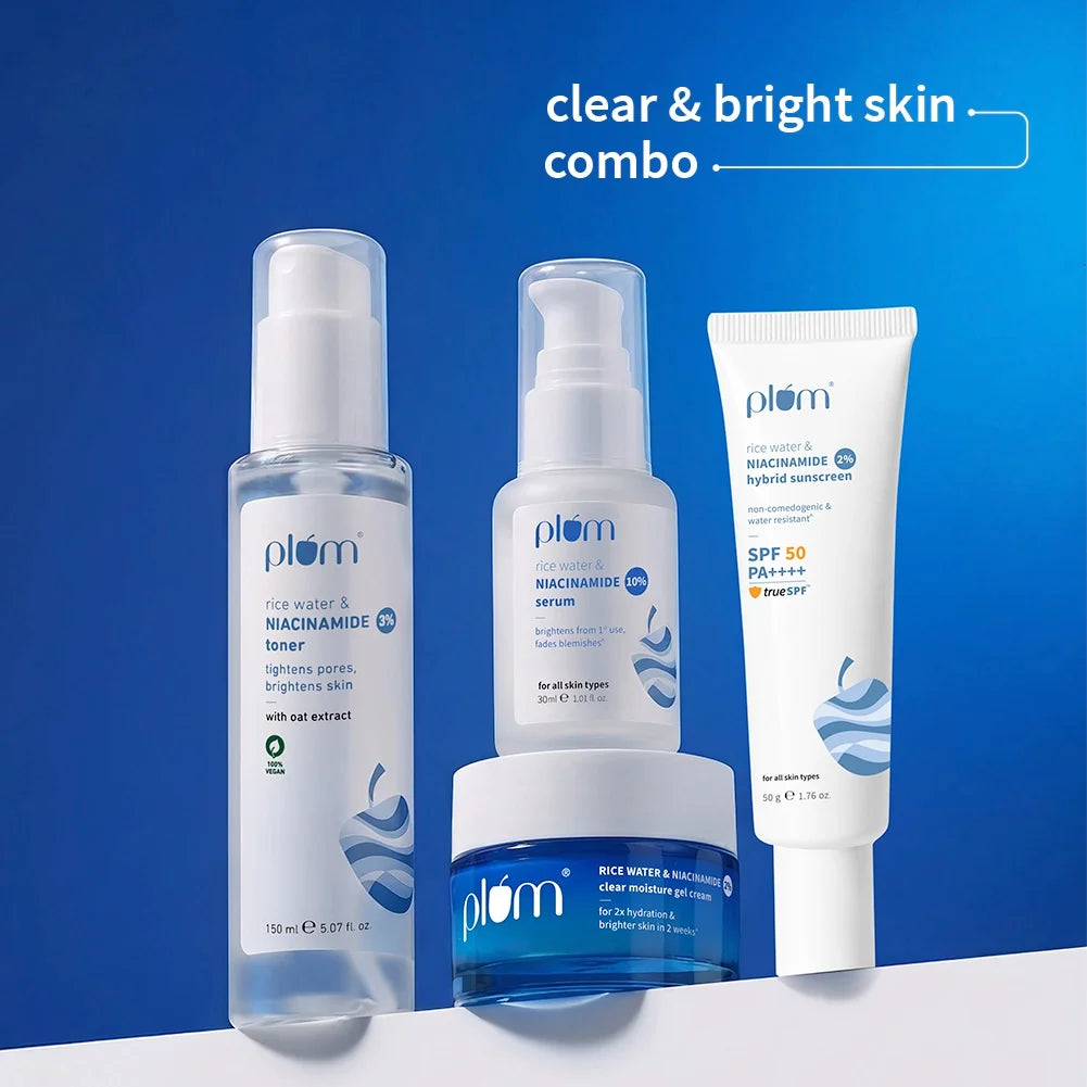 Niacinamide Clear & Bright Skin Combo | With Niacinamide & Rice Water | Toner, Serum, Gel Moisturizer & SPF 50 PA+++ Sunscreen