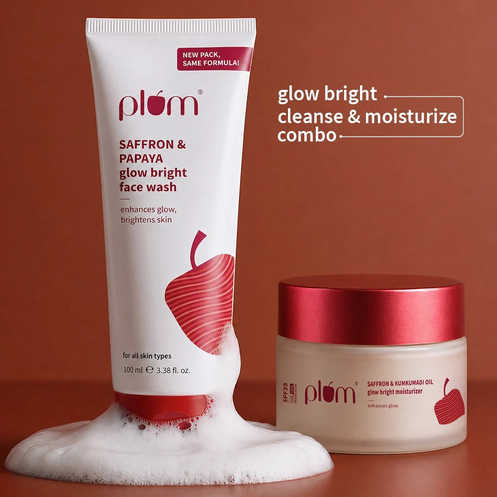 Saffron Glow Bright Cleanse & Moisturize Combo | Face Wash & Moisturizer | With Saffron & Kumkumadi Oil | Enhances Natural Glow & Hydrates Skin | For All Skin Types | 100% Vegan
